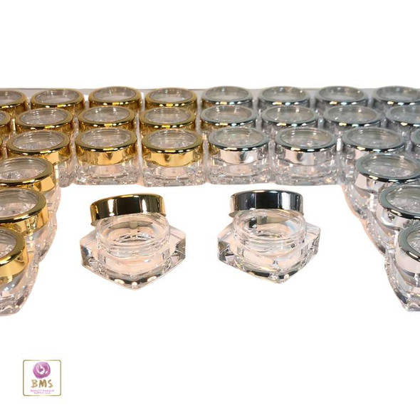 Cosmetic Jars Thick Wall Square Base Beauty Containers 10 Ml with Gold Trim Cap Silver Trim Cap