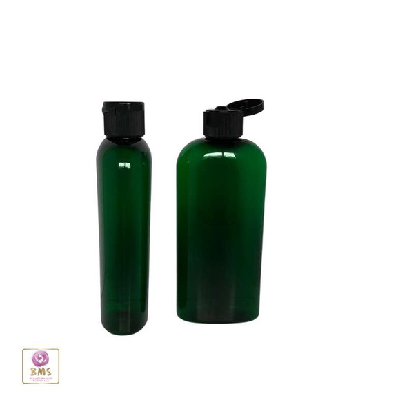 Green Plastic Bottles PET Cosmo Oval Liquid Bottles with a Flip Top Cap 4 oz.