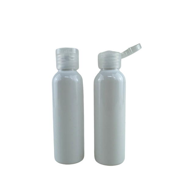 2 oz white PET plastic bottle with flip-top cap, ideal for skincare and beauty products. beauty-makeup-supply