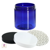 Blue 8 oz cosmetic jar with white and black lids and a press and seal liner