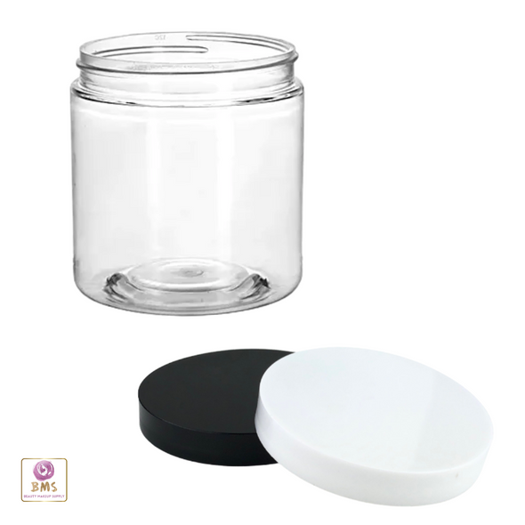 8 oz clear cosmetic jar with a black lid and a white lid 