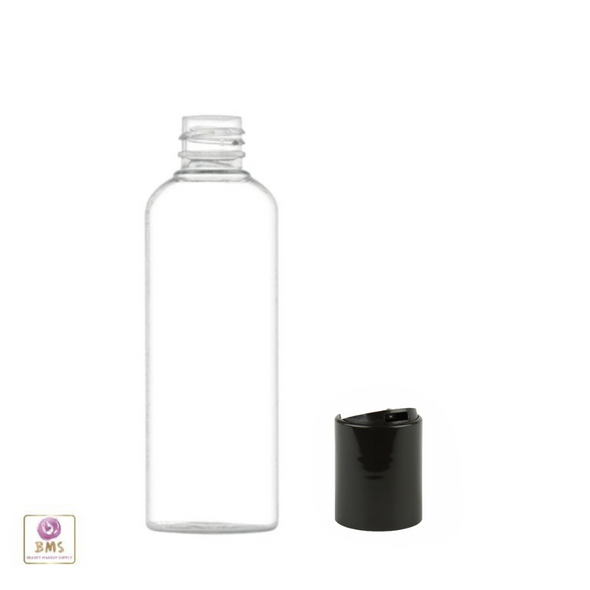 clear round plastic bottle with a black disc top