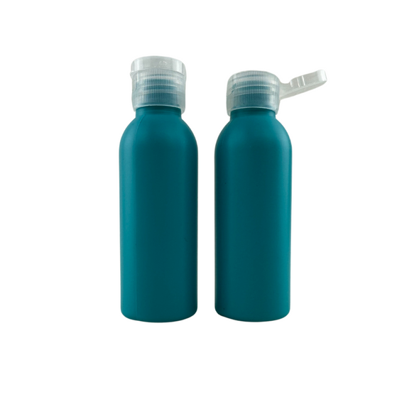 2 oz. blue HDPE refillable bullet bottle with black flip top cap, ideal for storing liquids, creams, and gels, featuring a compact design with 20/410 neck finish. Beauty-Makeup-Supply.com
