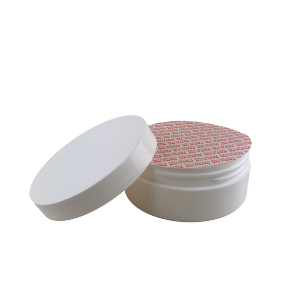 PP 4 oz wide mouth thick wall plastic jar in a sleek white color. The jar features a secure screw-on lid and includes a Press & Seal liner for added protection. www.Beauty-Makeup-Supply.com