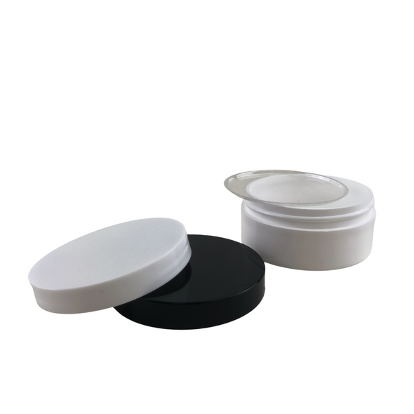 Plastic Cosmetic Jars Low Profile Wide Mouth Thick Wall 2 oz. (White / Black Cap w/ Disc) • 9336 / 9337 Beauty-Makeup-Supply