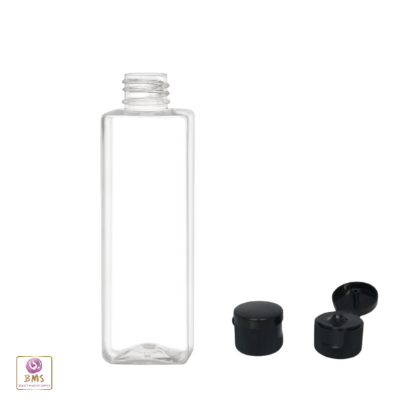 Clear Square Plastic Dispensing Bottles with a Black Flip Top Cap 4 oz