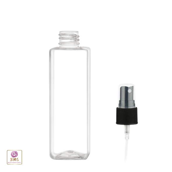 Square Plastic Bottles with Black Fine Sprayer 4 oz.