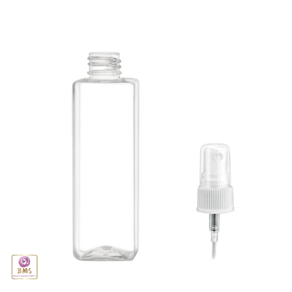 4 oz clear square plastic bottle with a white sprayer